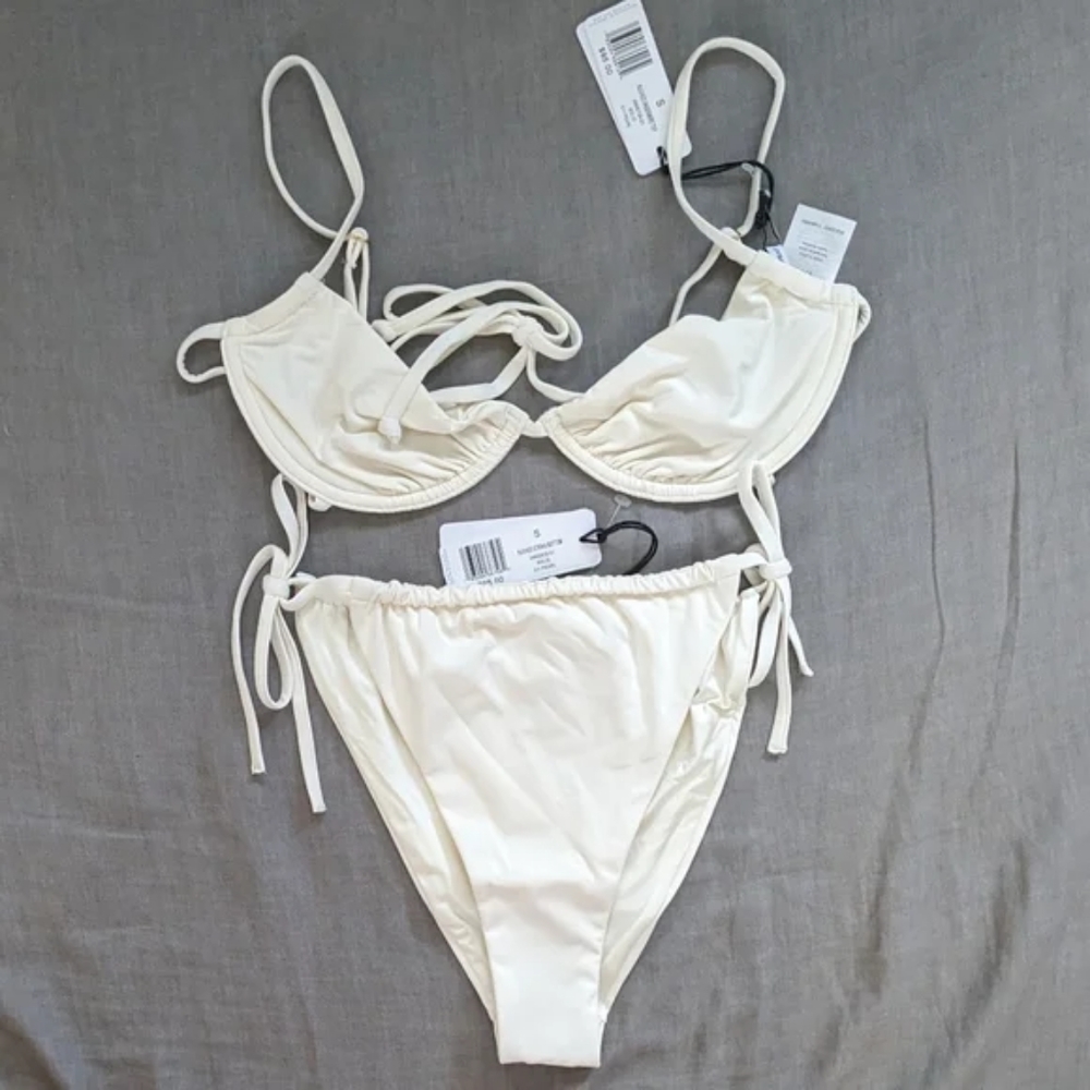 WeWoreWhat Ruched Underwire Bikini Top Side Tie High Leg Bottom Pearl White